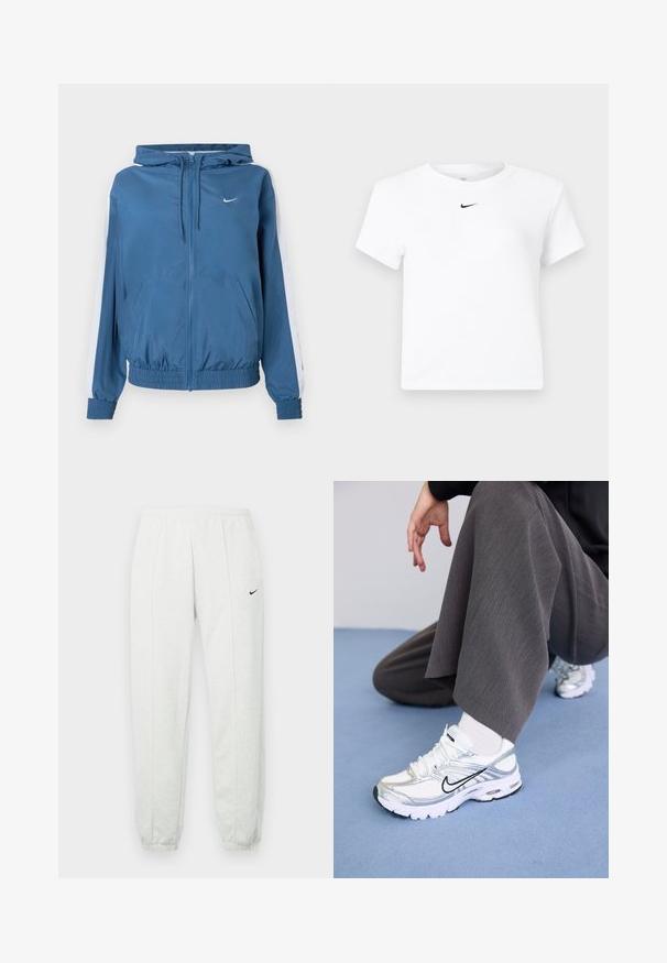 Blå lynlåsjakke med hætte, hvide striber på ærmerne, elastiske manchetter og kant, frontlommer og et lille hvidt Nike-logo på brystet.; Hvid Nike cropped T-shirt med korte ærmer og en lille sort Nike swoosh-logo centreret under nakkekanten.; Lysegrå Nike joggingbukser med elastisk taljebånd, tilspidsede manchetter og et lille sort logo på venstre lår. Blødt, tekstureret stof.; Hvide og sølv atletik sko med meshej og syntetiske materialer, der har sorte accentlinjer, snørebånd og strukturerede såler.