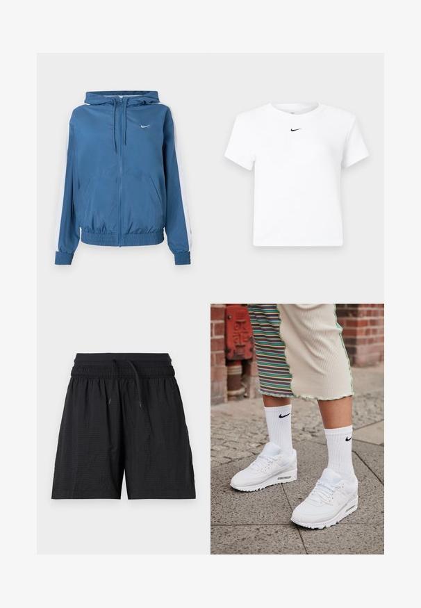 Veste à capuche zippée bleue avec des rayures blanches sur les manches, des poignets et un ourlet élastiques, des poches avant et un petit logo Nike blanc sur la poitrine.; T-shirt court blanc à manches courtes de Nike avec un petit logo noir Nike swoosh centré sous l'encolure.; Short de sport noir texturé avec taille élastique, cordon ajustable et poches latérales, présenté sur un fond blanc.; Baskets Nike Air Max 90 blanches avec une tige en maille et cuir, dotées d'une unité d'air visible, accompagnées de chaussettes blanches côtelées avec un logo noir.