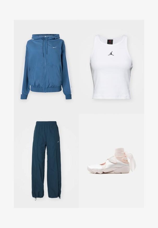 Blå lynlåsjakke med hætte, hvide striber på ærmerne, elastiske manchetter og kant, frontlommer og et lille hvidt Nike-logo på brystet.; Hvid cropped tanktop lavet af bomuld med ribbet tekstur. Har et sort Jordan-logo i midten og en klassisk rund halsudskæring.; Mørkeblå Nike sweatpants med løs pasform, elastisk talje og snoremanchetter. Har diskret logo-detalje på siden.; Hvid og lyserød sneaker med blødt stofankelomslag bundet i en sløjfe, med justerbar rem og rundet sål.
