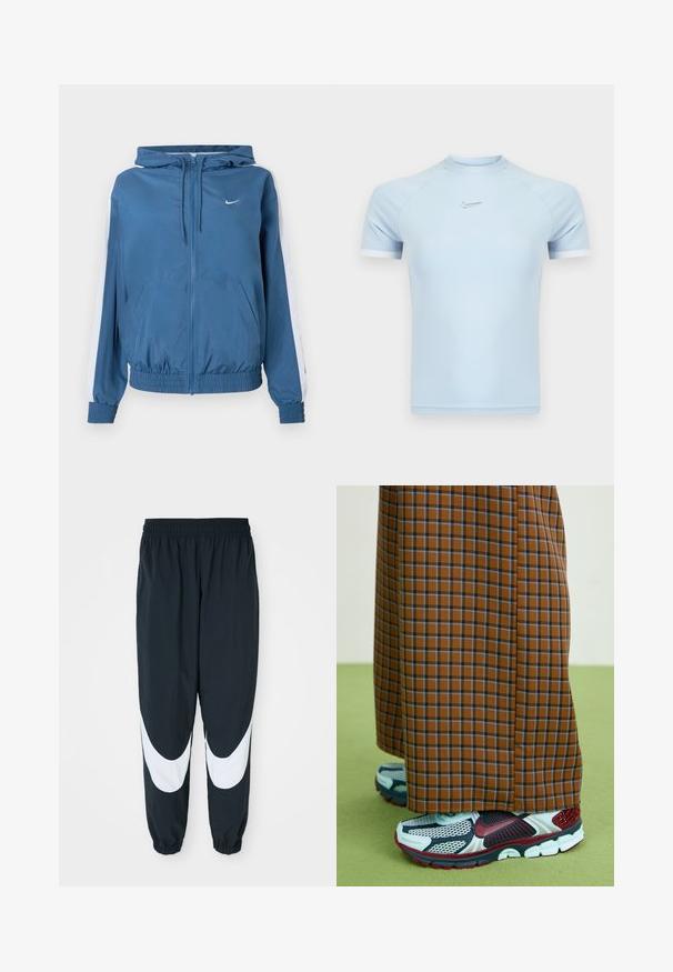 Modrá kapucňa so zipsom, biele pruhy na rukávoch, elastické manžety a lem, predné vrecká a malé biele logo Nike na hrudi.; Svetlomodrý atletický top s krátkym rukávom vyrobený z hladkej látky. Má okrúhly výstrih a nenápadné logo Nike na hrudi s bielymi akcentmi.; Čierne teplákové nohavice s bielymi zakrivenými panelmi, elastickým pásom a zhromaždenými manžetami, vyrobené z ľahkej látky a vo voľnom strihu.; Hnedé kockované nohavice s širokými nohavicami a modrými pruhmi, skombinované so sivými teniskami s červenými akcentmi a sieťovaným dizajnom. Zelené textúrované pozadie na podlahe.