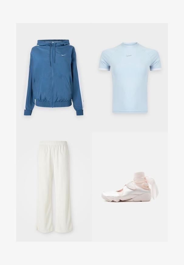 Blå lynlåsjakke med hætte, hvide striber på ærmerne, elastiske manchetter og kant, frontlommer og et lille hvidt Nike-logo på brystet.; Lyseblå atletisk t-shirt med korte ærmer lavet af glat stof. Har rund halsudskæring og subtilt Nike-logo på brystet med hvide detaljer.; Cremefarvede bukser med bred ben-design, lavet af letvægtsmateriale, med lodrette striber og en elastisk talje.; Hvid og lyserød sneaker med blødt stofankelomslag bundet i en sløjfe, med justerbar rem og rundet sål.