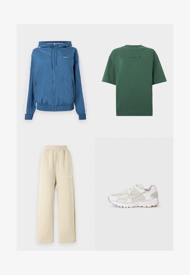 Modrá kapucňa so zipsom, biele pruhy na rukávoch, elastické manžety a lem, predné vrecká a malé biele logo Nike na hrudi.; Tmavohnedé tričko s krátkymi rukávmi a okrúhlym výstrihom, s vyšitým logom "NIKE" umiestneným na hrudi.; Béžové široké tepláky vyrobené z mäkkého materiálu, s elastickým pásom, bočnými vreckami a malým vyšívaným logom.; Biele športové tenisky z sieťoviny a syntetických materiálov. Vyznačujú sa textúrovaným dizajnom, polstrovaným golierom a geometrickými akcentmi na päte.