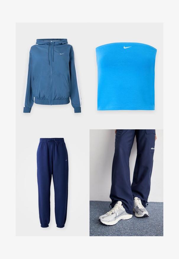 Veste à capuche zippée bleue avec des rayures blanches sur les manches, des poignets et un ourlet élastiques, des poches avant et un petit logo Nike blanc sur la poitrine.; Top tube Nike bleu vif sans bretelles avec logo Swoosh blanc centré près du bord supérieur.; Pantalons de survêtement bleu marine en tissu doux, avec une taille élastique à cordon de serrage, des poignets élastiques et un petit logo blanc.; Baskets de sport Nike avec une tige en maille argentée, des accents blancs et des semelles texturées, associées à un pantalon marine ample.