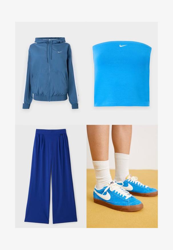 Blå lynlåsjakke med hætte, hvide striber på ærmerne, elastiske manchetter og kant, frontlommer og et lille hvidt Nike-logo på brystet.; Lyseblå Nike tube top uden stropper med hvid Swoosh-logo centreret nær den øverste kant.; Bredde ben bukser i lys blå, lavet af et glat, strækbart stof. Har en elastisk talje og sidelommer for funktionalitet.; Blå ruskind Nike sneakers med hvide detaljer, flade snørebånd og brune gummisåler, parret med ribbede hvide sokker.