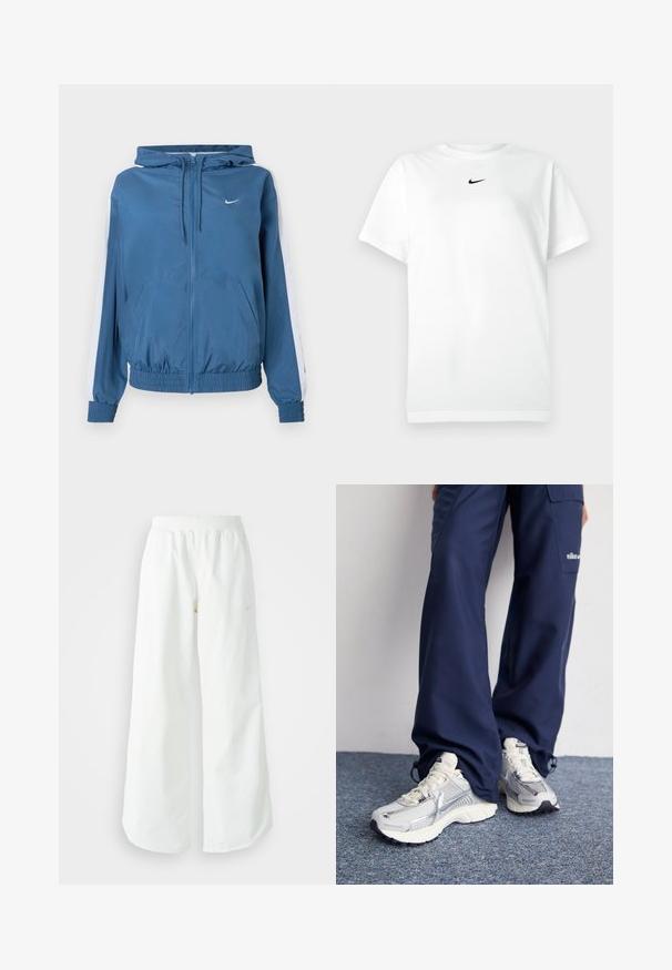Modrá kapucňa so zipsom, biele pruhy na rukávoch, elastické manžety a lem, predné vrecká a malé biele logo Nike na hrudi.; Biele tričko s krátkym rukávom a okrúhlym výstrihom, na ktorom je malé čierne logo Nike swoosh umiestnené tesne pod výstrihom.; Biele široké športové nohavice s ribbovaným pásom a jemným logom. Hladká tkanina s uvoľneným strihom a zúženým lemom.; Športové topánky Nike s strieborným sieťovaným zvrškom, bielymi detailmi a textúrovanými podrážkami, skombinované s voľnými námorníckymi nohavicami.