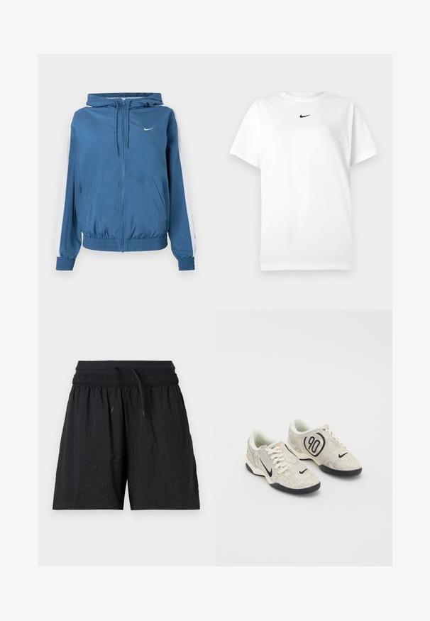 Veste à capuche zippée bleue avec des rayures blanches sur les manches, des poignets et un ourlet élastiques, des poches avant et un petit logo Nike blanc sur la poitrine.; T-shirt blanc à manches courtes avec col ras du cou, portant un petit logo Nike en forme de swoosh noir centré sous le col.; Short de sport noir texturé avec taille élastique, cordon ajustable et poches latérales, présenté sur un fond blanc.; Baskets Nike avec une tige texturée beige et grise, des accents noirs, un grand logo "90" et un laçage blanc. Semelle noire.