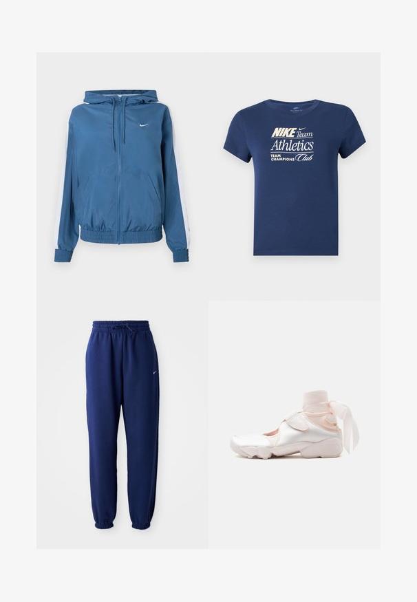 Blauwe zip-up hoodie met witte strepen op de mouwen, elastische boorden en zoom, voorzakken en een klein wit Nike-logo op de borst.; Navyblauw T-shirt met korte mouwen met witte tekst "NIKE Team Athletics Team Champions Club" op de voorkant.; Marineblauwe joggingbroek van zachte stof, met een elastische tailleband met trekkoord, elastische boorden en een klein wit logo.; Witte en lichtroze sneaker met zachte stoffen enkelwikkeling gestrikt in een strik, met verstelbare riem en afgeronde zool.