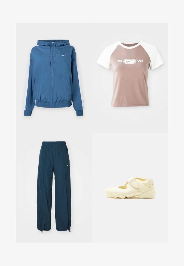 Sininen vetoketjullinen huppari, jossa on valkoiset raidat hihoissa, joustavat hihansuut ja helma, etutaskut sekä pieni valkoinen Nike-logo rinnassa.; Lyhythihainen t-paita, jossa on vaalea ruskea runko ja valkoiset raglan-hihat. Edessä on suuri valkoinen graafinen logo ja vuosi "1972" keskellä.; Tummansininen Nike-housut, joissa on rento istuvuus, joustava vyötärö ja naruvarret. Sivulla on hienovarainen logotyyli.; Beigen värinen urheilukenkä paksulla pohjalla, leikkauskuvioinnilla ja kahdella säädettävällä tarranauhakiinnityksellä valkoisella taustalla.