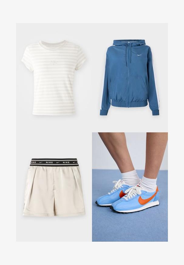 Sininen vetoketjullinen huppari, jossa on valkoiset raidat hihoissa, joustavat hihansuut ja helma, etutaskut sekä pieni valkoinen Nike-logo rinnassa.; Valkoisiruudullinen lyhythihainen t-paita, joka on valmistettu pehmeästä puuvillasta. Siinä on pyöreä kaula-aukko ja pieni brodeerattu Nike-logo rinnassa.; Vaaleanbeiget Nike-shortsit, joissa musta joustava vyötärönauha, valkoinen Nike-logo ja swoosh-kuviot, esitetty yksinkertaisella taustalla.; Sinapuhkurit sinisestä verkosta ja mokasta oranssilla korostuksella ja valkoisilla nauhoilla. Musta kumipohja. Käytetään valkoisten lyhythihaisten sukkien kanssa sinisellä pinnalla.
