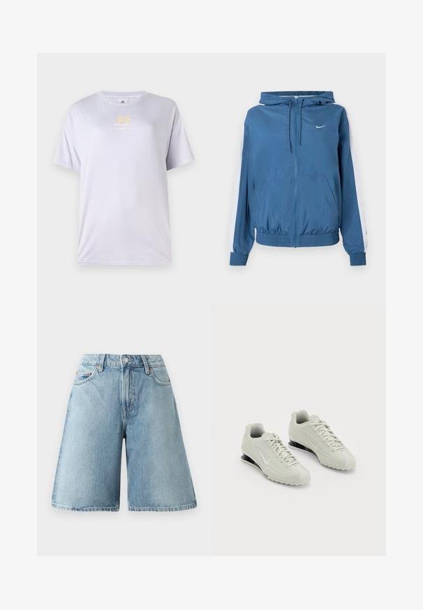 Blauwe zip-up hoodie met witte strepen op de mouwen, elastische boorden en zoom, voorzakken en een klein wit Nike-logo op de borst.; Licht lavendelkleurig katoenen T-shirt met ronde hals, korte mouwen en een gouden grafische print van palmbomen op de voorkant.; Lichtblauwe denim shorts met een losse pasvorm, middelhoog taille, vijf zakken en contrasterende stikdetails. De stof heeft een zachte textuur.; Witte Nike sneakers met een gestructureerde bovenkant, voorzien van een gladde neus en zwarte dempingaccenten. Vetersluiting met een versterkte hiel.