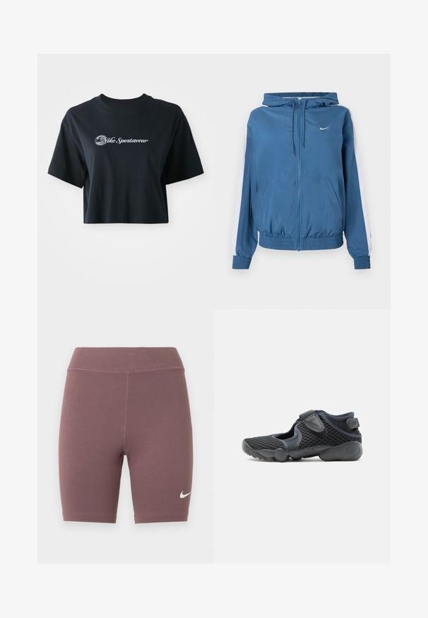 Sininen vetoketjullinen huppari, jossa on valkoiset raidat hihoissa, joustavat hihansuut ja helma, etutaskut sekä pieni valkoinen Nike-logo rinnassa.; Mustat puuvillaiset t-paidat, joissa on lyhyet hihat, etupuolella valkoiset tekstit "Vice Sportswear" ja ympyräkuvio.; Pyöräilyshortsit hillityssä mauven sävyssä, valmistettu joustavasta kankaasta. Niissä on korkeavyötärö ja pieni valkoinen Nike-swoosh-logo.; Musta urheilukenkä, jossa on verkkomateriaalista valmistetut päälliset, kaksi säädettävää tarranauhavyötä ja pehmustettu pohja mukavuutta ja joustavuutta varten.