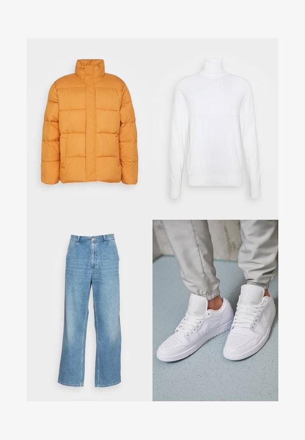 Chaqueta puffer naranja con un alto cuello, textura acolchada y dos bolsillos frontales. Fabricada con material ligero e aislante.; Suéter blanco de cuello alto y mangas largas, hecho de una tela suave. Presenta un diseño ajustado y puños y dobladillo acanalados. Sin patrones ni acentos.; Vaqueros de pierna ancha de color azul claro, confeccionados en denim. Presentan una cintura alta, cierre de botón y un diseño estándar de cinco bolsillos. Textura suave.; Las zapatillas deportivas de cuero blanco cuentan con una caja de dedos perforada, cordones planos, un cuello acolchado y el logo de Jordan en la lengüeta. Las llevan puestas con pantalones joggers grises.