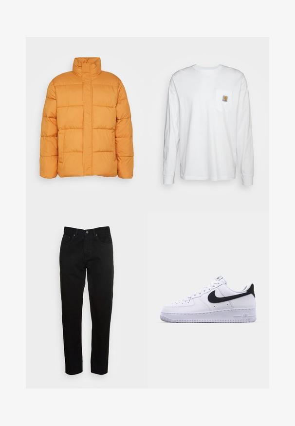 Chaqueta puffer naranja con un alto cuello, textura acolchada y dos bolsillos frontales. Fabricada con material ligero e aislante.; Camisa blanca de manga larga hecha de algodón, con un bolsillo en el pecho que lleva un parche de logo cuadrado. Diseño sencillo con escote redondeado y mangas con puños.; Jeans negros ajustados con cierre de botón frontal y diseño de cinco bolsillos, mostrados sobre un fondo gris claro liso.; Zapatilla blanca de cuero con un Swoosh negro texturizado, cordones planos y una suela de goma con un patrón estriado. "AIR" está grabado en el talón.