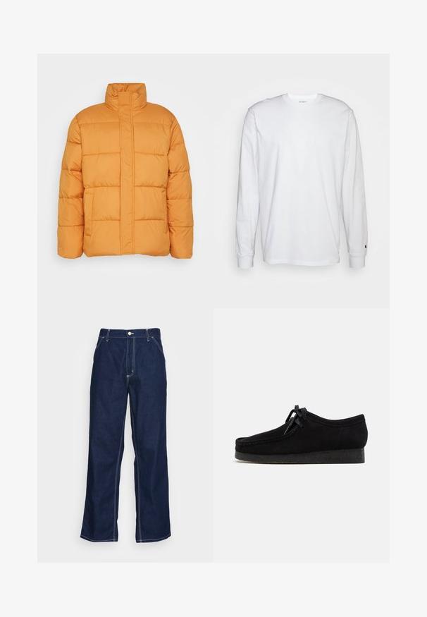 Oranje pufferjack met een hoge kraag, doorgestikte textuur en twee voorkleppen. Gemaakt van lichtgewicht, geïsoleerd materiaal.; Witte lange mouwen T-shirt van katoen. Ronde hals ontwerp met ribgebreide manchetten en een klein logo op de linkermouw. Gladde textuur.; Donkerblauwe denim broeken met wijde pijpen, met een hoge taille, voorzakken en contrasterende witte stiksels langs de naden.; Zwarte suède schoenen met een rond teenontwerp, een vetersluiting aan de voorkant en een gestructureerde zwarte rubberen zool. Gladde bovenkant met subtiele stikseldetails.
