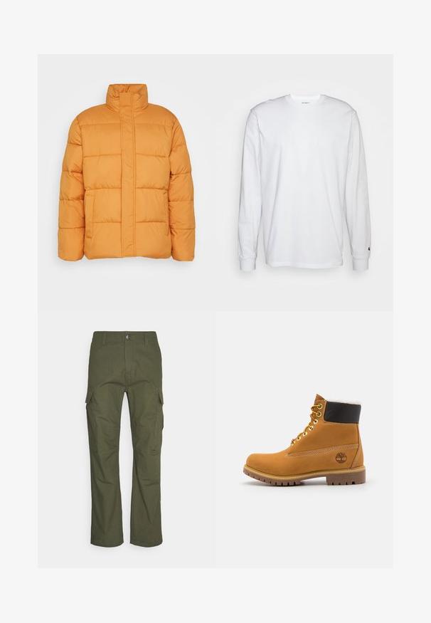 Orange pufferjakke med høj krave, quiltet tekstur og to forlommer. Fremstillet af letvægts, isoleret materiale.; Hvid langærmet T-shirt lavet af bomuld. Rund halsudskæring med ribbede manchetter og et lille logo på venstre ærme. Glat tekstur.; Cargo bukser i mørke olivengrøn med flere sidelommer, lige snit og et slidstærkt stof med en tekstureret overflade.; Brune læder ankelstøvle med metaløjer, hvid pelsforing, sort polstret krave, robust sål og præget logo på siden.