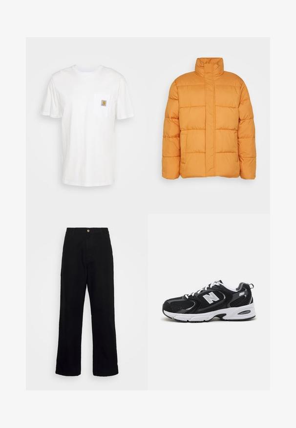 Chaqueta puffer naranja con un alto cuello, textura acolchada y dos bolsillos frontales. Fabricada con material ligero e aislante.; Camiseta de algodón blanca con mangas cortas, un bolsillo en el pecho y un pequeño parche cuadrado de logo en naranja y blanco en el bolsillo.; Pantalones negros de tela pesada, con un diseño de pierna recta, bolsillos frontales, cierre de cremallera y un solo botón metálico.; Zapatillas deportivas en negro y gris con parte superior de malla y ante, que cuentan con una entresuela blanca, cordones y un llamativo logo "N" en el lateral.