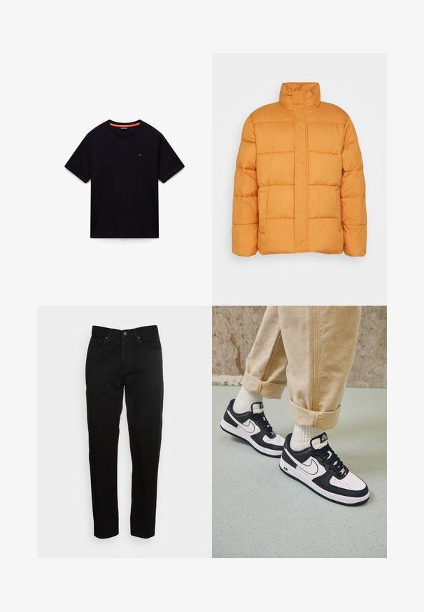 Orange pufferjakke med høj krave, quiltet tekstur og to forlommer. Fremstillet af letvægts, isoleret materiale.; Sort kortærmet T-shirt med rund hals, lille logo på brystet og orange detalje i den indvendige krave, lagt fladt på en hvid baggrund.; Sorte slim-fit jeans med frontknaplukning og fem-lomme design, vist mod en enkel lys grå baggrund.; Sorte og hvide Nike Air Force 1 sneakers med læderoverdel, perforeret tå og tekstureret såldetalje, båret med rullede beige bukser og hvide sokker.