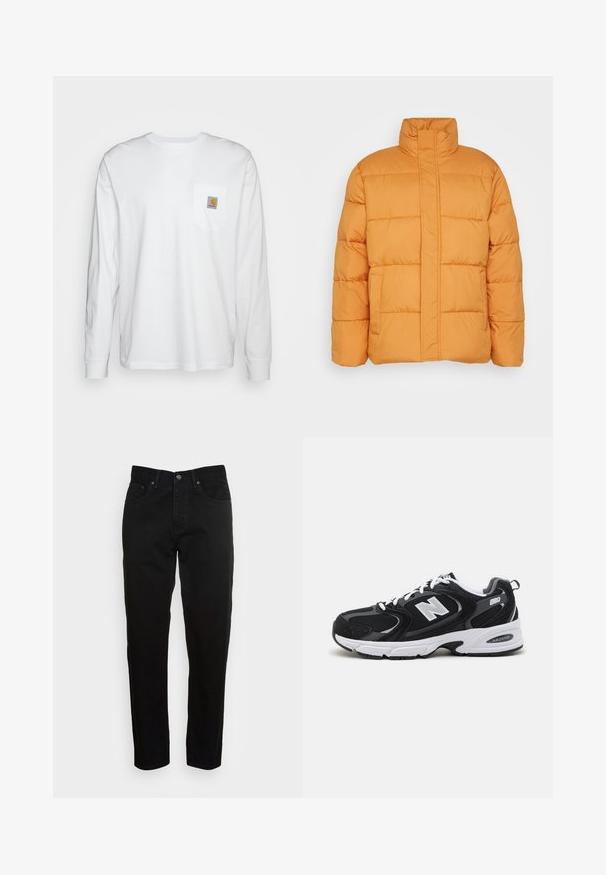 Chaqueta puffer naranja con un alto cuello, textura acolchada y dos bolsillos frontales. Fabricada con material ligero e aislante.; Camisa blanca de manga larga hecha de algodón, con un bolsillo en el pecho que lleva un parche de logo cuadrado. Diseño sencillo con escote redondeado y mangas con puños.; Jeans negros ajustados con cierre de botón frontal y diseño de cinco bolsillos, mostrados sobre un fondo gris claro liso.; Zapatillas deportivas en negro y gris con parte superior de malla y ante, que cuentan con una entresuela blanca, cordones y un llamativo logo "N" en el lateral.