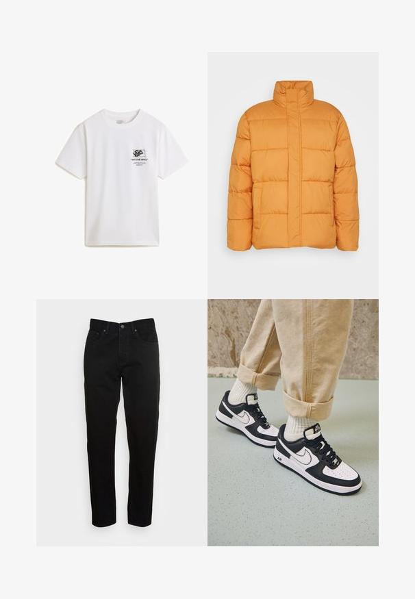 Orange pufferjakke med høj krave, quiltet tekstur og to forlommer. Fremstillet af letvægts, isoleret materiale.; Hvid bomulds T-shirt med korte ærmer, der har et sort grafisk print på venstre side, som inkluderer Vans-logoet og tekstdetaljer.; Sorte slim-fit jeans med frontknaplukning og fem-lomme design, vist mod en enkel lys grå baggrund.; Sorte og hvide Nike Air Force 1 sneakers med læderoverdel, perforeret tå og tekstureret såldetalje, båret med rullede beige bukser og hvide sokker.