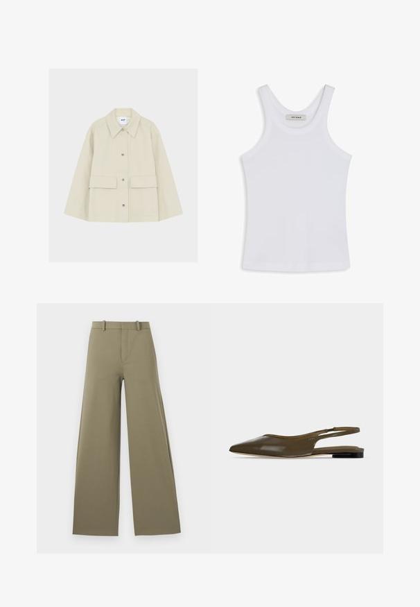 Chaqueta beige con botones, grandes bolsillos delanteros, cuello ancho y mangas largas, mostrada sobre un fondo blanco liso.; Top blanco sin mangas hecho de un tejido suave, con un escote redondo y tirantes anchos, con una etiqueta en el interior que dice "IVY OAK."; Pantalones de pierna ancha en oliva claro con una textura suave, con cremallera frontal, cinturilla con trabillas y dos bolsillos laterales.; Zapato plano de tacón bajo y tira trasera en punta de color verde oliva con acabado liso y brillante.