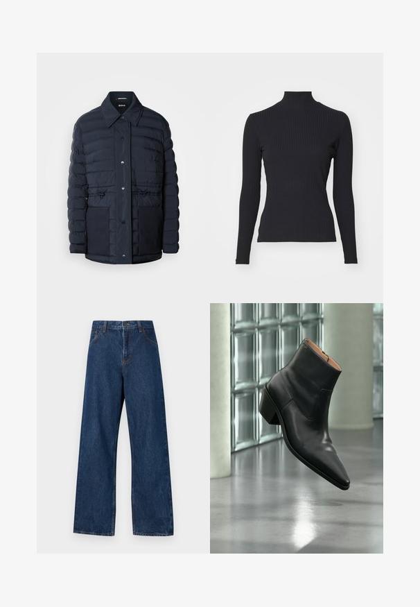 Marineblå pufferjakke med knaplukning, der har krave, to forlommer og en indsnævret taljedesign. Glat tekstur med quiltet mønster.; Sort ribbet turtle-sweater med lange ærmer. Lavet af strækbart stof med en tætsiddende pasform og høj krave. Enkel design uden udsmykninger.; Mørkeblå brede jeans lavet af denim med et klassisk fem-lomme design. Har kontrastsyning og en frontlukning med knap.; Sort læderankelstøvle med spids tå og blokhæl, der svæver over en reflekterende grå gulv nær en væg af glasblokke.