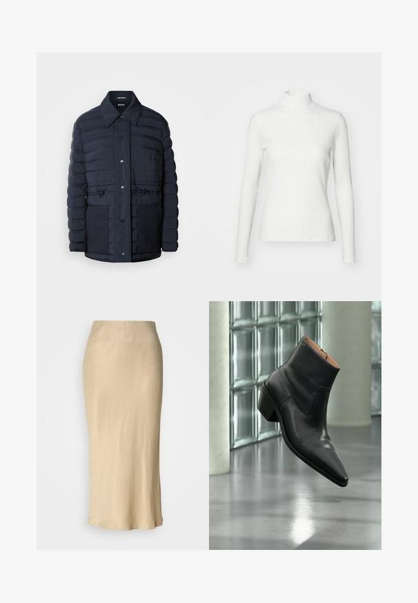 Marineblå pufferjakke med knaplukning, der har krave, to forlommer og en indsnævret taljedesign. Glat tekstur med quiltet mønster.; Hvid ribbet turtleneck blouse med lange ærmer, lavet af elastisk stof. Har et tætsiddende design og høj hals for god dækning.; Beige satin midi nederdel med en glat, skinnende tekstur. Tæt talje med en udvidet nederste kant, der har et minimalistisk design uden synlige mønstre.; Sort læderankelstøvle med spids tå og blokhæl, der svæver over en reflekterende grå gulv nær en væg af glasblokke.