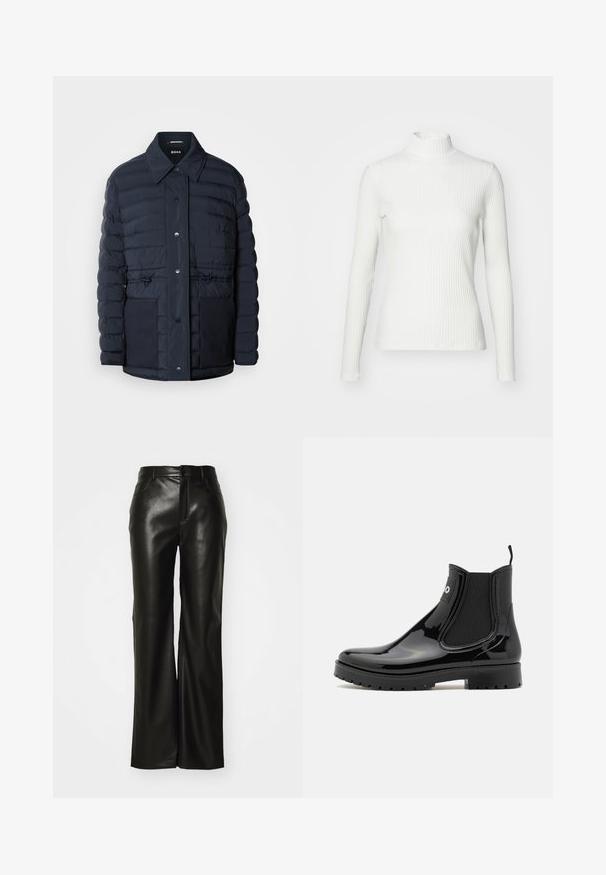 Marineblå pufferjakke med knaplukning, der har krave, to forlommer og en indsnævret taljedesign. Glat tekstur med quiltet mønster.; Hvid ribbet turtleneck blouse med lange ærmer, lavet af elastisk stof. Har et tætsiddende design og høj hals for god dækning.; Sorte bukser i bredt snit af imiteret læder med en glat tekstur, lynlås foran og bæltestropper; minimalistisk design uden synlige mønstre eller detaljer.; HUGO TABITA - Gummistøvler - black