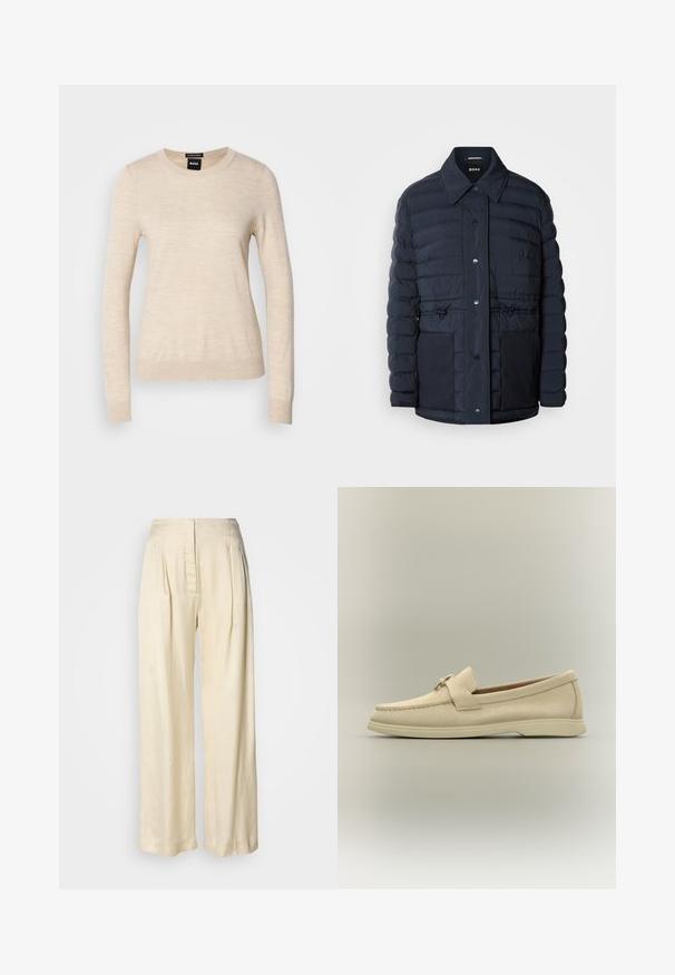 Marineblauer Puffermantel mit Knopfverschluss, ausgestattet mit einem Kragen, zwei Vordertaschen und einem taillierten Design. Glatte Textur mit gesteppetem Muster.; BOSS FERPINA - Strickpullover - light beige; Hohe Taille, cremefarbene Seidenhose mit Falten, weitem Bein und einem versteckten Reißverschluss vorne vor schlichtem weißem Hintergrund.; Beiger Velourslederschuh mit niedriger Gummisohle, Moc-Zehennähte und einem dekorativen Riemen über dem Spann.