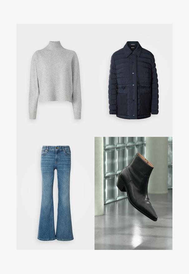 Doudoune marine avec fermeture à boutons, dotée d'un col, de deux poches avant et d'une taille cintrée. Texture lisse avec un motif matelassé.; Pull à col roulé gris clair en tricot doux, avec des manches longues et un ourlet et des poignets côtelés. Pas de motifs ni de détails en matériel.; Jean évasé bleu clair en denim, doté de cinq poches, de coutures visibles, et d'une fermeture à bouton et à zip à la taille.; Bottine en cuir noir avec un bout pointu et un talon carré lévitant au-dessus d'un sol gris réfléchissant près d'un mur en blocs de verre.