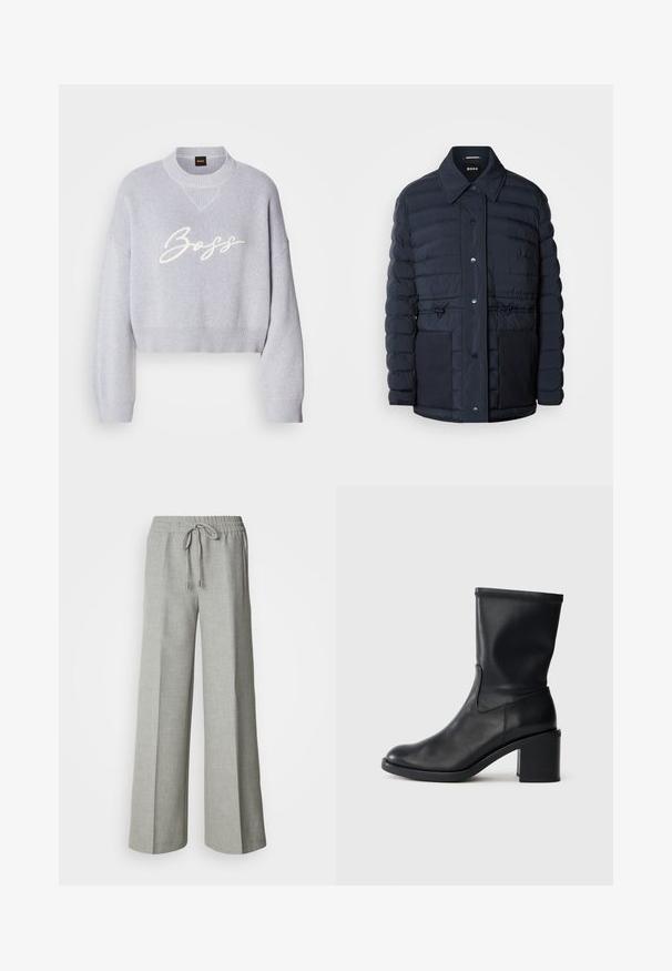 Marineblå pufferjakke med knaplukning, der har krave, to forlommer og en indsnævret taljedesign. Glat tekstur med quiltet mønster.; Lys grå cropped sweater med ribbet tekstur, brede ærmer og en strikket rund halsudskæring. Har den hvide "Boss" logo på forsiden.; Lysegrå bukser med brede ben, elastisk taljebånd med snøre, forlommer og et subtilt tekstureret stof.; Sort læder ankelstøvle med rund tå, glat tekstur og en grov hæl, der har et tætsiddende skaft og subtil syning.