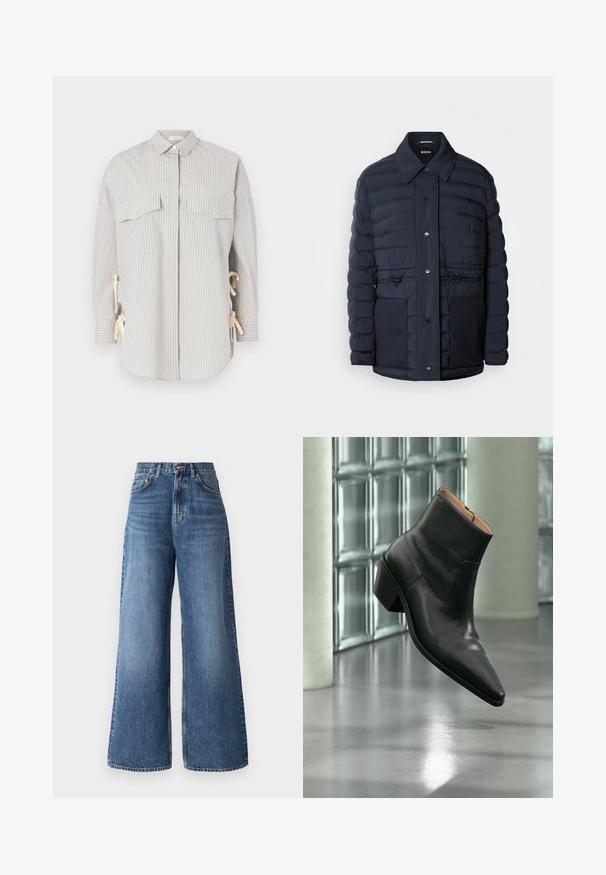 Doudoune marine avec fermeture à boutons, dotée d'un col, de deux poches avant et d'une taille cintrée. Texture lisse avec un motif matelassé.; Chemise rayée dans des tons bleu clair et crème, dotée d'un col évasé, de deux poches poitrine avec des boutons dorés, et de liens réglables sur les côtés.; Jeans taille haute à jambes larges en denim bleu clair, avec un design classique à cinq poches et une légère décoloration le long des jambes.; Bottine en cuir noir avec un bout pointu et un talon carré lévitant au-dessus d'un sol gris réfléchissant près d'un mur en blocs de verre.