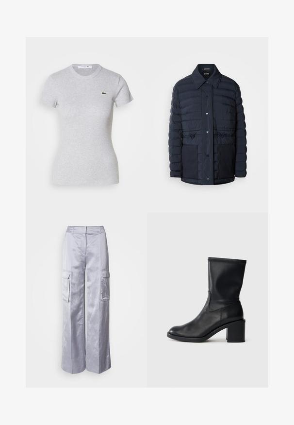 Chaqueta acolchada navy con cierre de botones, que presenta un cuello, dos bolsillos frontales y un diseño de cintura ceñida. Textura suave con patrón acolchado.; Camiseta ajustada de manga corta en gris claro con cuello redondo y un pequeño logotipo de cocodrilo verde de Lacoste en el lado izquierdo del pecho.; Pantalones cargo de pierna ancha color gris claro, hechos de una tela suave, con bolsillos laterales, una cinturilla ajustada y sin cierres ni cremalleras visibles.; Botín negro de cuero hasta el tobillo con punta redonda, textura suave y tacón grueso, que presenta un eje ajustado y un sutil detalle de costura.