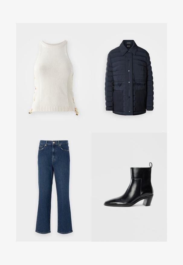 Doudoune marine avec fermeture à boutons, dotée d'un col, de deux poches avant et d'une taille cintrée. Texture lisse avec un motif matelassé.; Débardeur en tricot blanc à encolure haute, avec des accents de laçage sur les côtés en beige, et un ourlet côtelé en bas.; Jean en denim bleu foncé, évasés, avec une taille bien dessinée, des poches avant et des détails en métal doré. Texture lisse avec des coutures détaillées.; Bottine en cuir noir avec un bout pointu, un talon empilé géométrique et une languette à l'arrière. Texture lisse et design épuré.