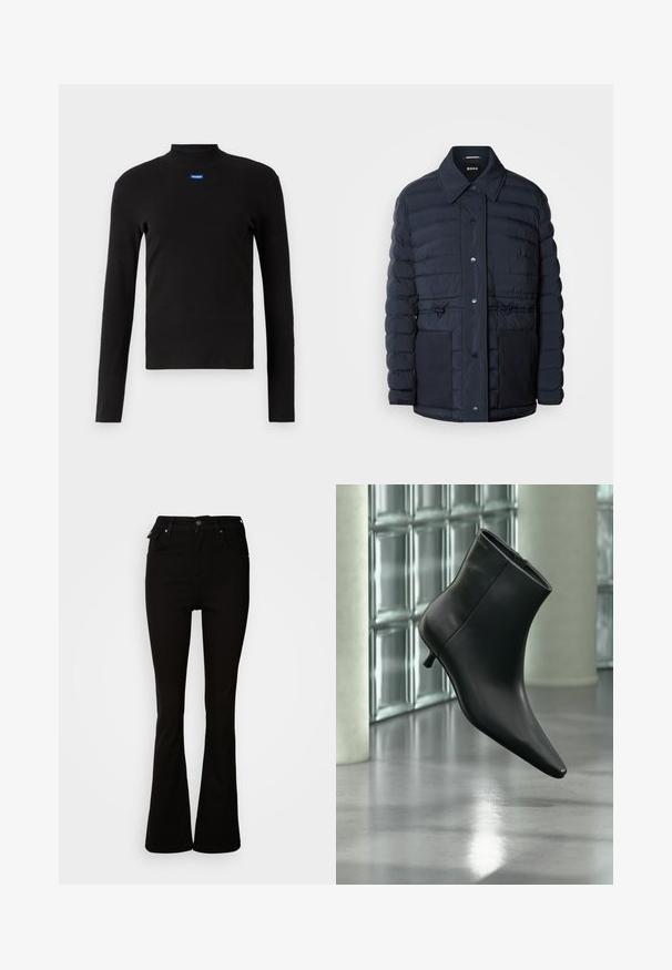 Marineblå pufferjakke med knaplukning, der har krave, to forlommer og en indsnævret taljedesign. Glat tekstur med quiltet mønster.; HUGO EASY - Langærmet T-shirt - schwarz; Sorte flare jeans lavet af denim, med høj talje, forlommer og et klassisk fem-lomme design med metalhardware detaljer.; Sort læderankelstøvle med spids tå og lav kitten-hæ, vist vinklet mod en poleret gulv- og glasblokvæg.