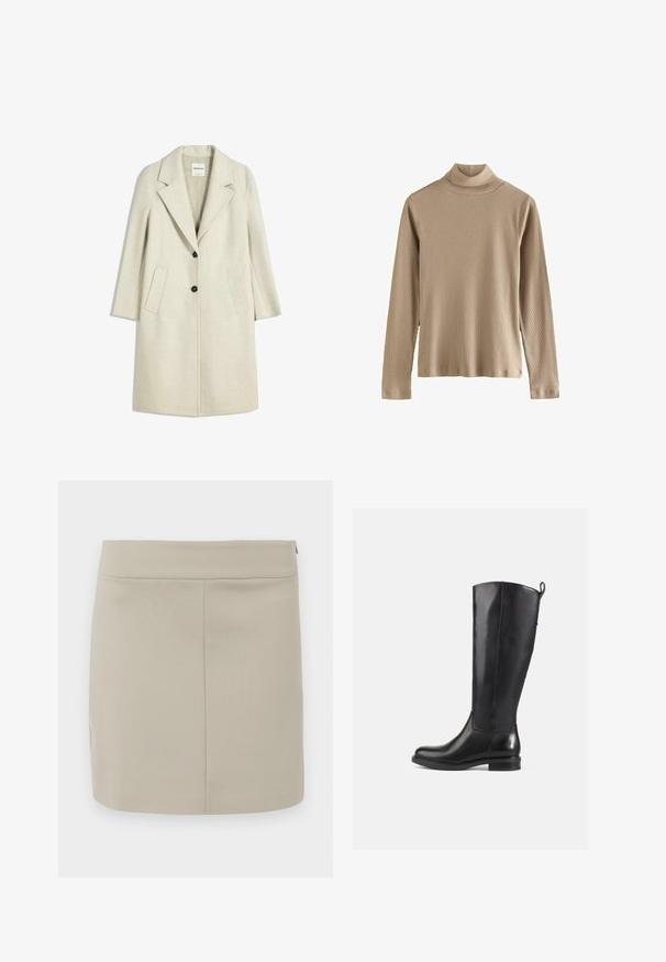 Lys beige frakke med krave, to frontlommer og to sorte knapper. Lavet af tekstureret stof og har en knælængde silhuet.; Beige langærmet polohalsstriktrøje lavet af ribbet tekstil. Har en tætsiddende hals og lige afslutning. Ingen synlige mønstre eller accenter.; Beige miniskirt lavet af glat stof, med en lige skæring, enkelt design og en skjult lynlås i siden.; Knæhøje sorte læderstøvler med en glat finish, rund tå, lav hæl og en flap bagpå. Minimalistisk design uden synlige mønstre.