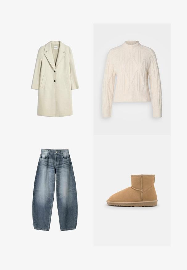 Lichtbeige jas met een rechthoekige revers, twee voorzakken en twee zwarte knopen. Gemaakt van textuurstof, met een knie-lange snit.; Crème kleurige cable-knit trui met hoge hals, lange mouwen en geribbelde onderrand. Kenmerken zijn textuurpatronen en een casual fit.; Wijd gesneden jeans van lichtblauwe denim met vervaging, met een vijf-pocket ontwerp, knoopsluiting en minimale stikdetails.; Tan nubuck enkellaars met een ronde neus en gewatteerde kraag, voorzien van contrasterende stiksels en een gestructureerde rubberen zool.