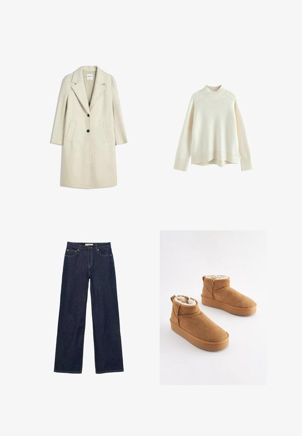 Lys beige frakke med krave, to frontlommer og to sorte knapper. Lavet af tekstureret stof og har en knælængde silhuet.; Cremefarvet sweater med ribbet høj hals, lange ærmer og en afslappet pasform. Struktureret strikstof og ribbestykke detalje i bunden.; Mørkeblå denim jeans med brede, lige ben, forlommer og lukning med knap og lynlås.; Lysebrune ankelstøvler i ruskind med imiteret pelsforing, flad platformssål og lynlås i siden for nem påtagning. Har rundet tå og minimal syning.