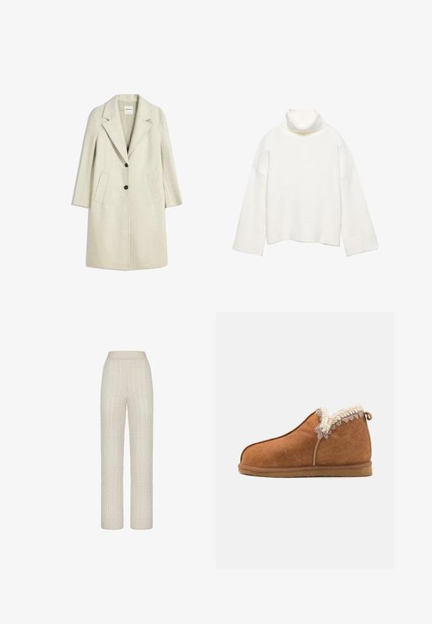 Lys beige frakke med krave, to frontlommer og to sorte knapper. Lavet af tekstureret stof og har en knælængde silhuet.; Hvid rullekrave sweater lavet af blødt stof, med en afslappet pasform, sænkede skuldre og brede ribstrikkede manchetter og kant.; Lys beige kabelstrikkede bukser med en bred talje, der har hævede teksturmønstre og en afslappet, lige pasform.; Brune ruskinds slippers med en shearling krave, rund tå og en tekstureret sål. Har en lille løkke accent bagpå.