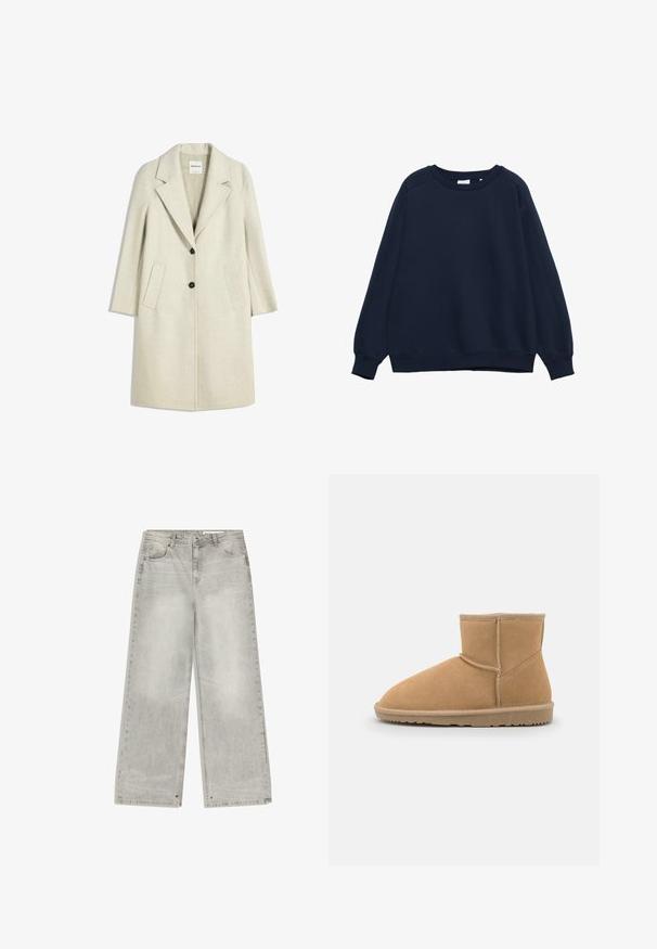 Lichtbeige jas met een rechthoekige revers, twee voorzakken en twee zwarte knopen. Gemaakt van textuurstof, met een knie-lange snit.; Marineblauwe sweatshirts met lange mouwen, ronde hals, geribbelde manchetten en zoom, weergegeven op een witte achtergrond.; Grijze denim jeans met wijd uitlopende pijpen, een vervaagde afwerking, vijf zakken en metalen details. De stof heeft een zachte textuur met een nette zoom.; Tan nubuck enkellaars met een ronde neus en gewatteerde kraag, voorzien van contrasterende stiksels en een gestructureerde rubberen zool.