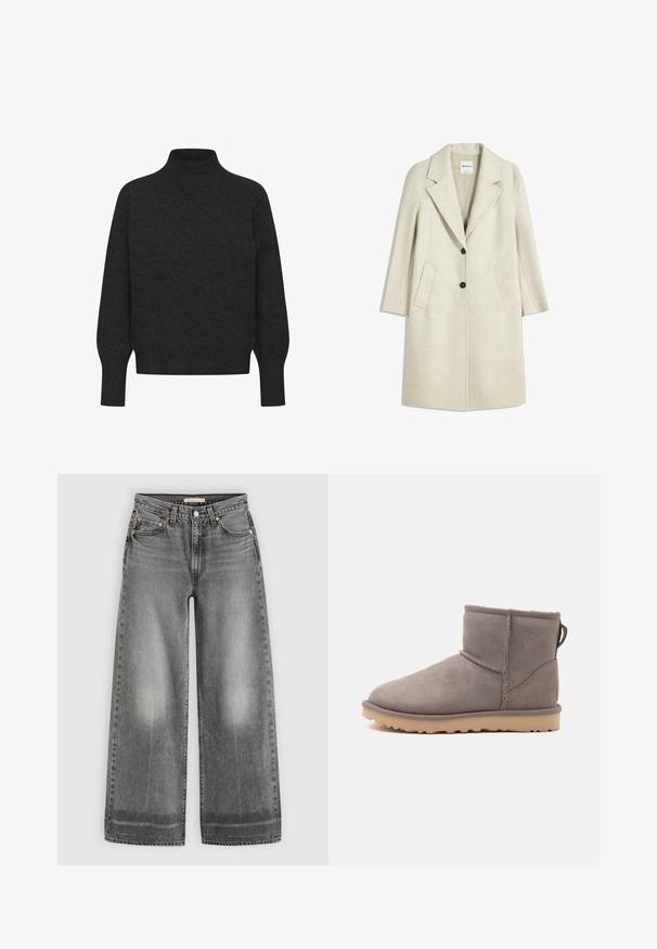 Manteau beige clair avec un revers en pointe, deux poches avant et deux boutons noirs. Confectionné en tissu texturé, présentant une silhouette mi-longue.; Pull à col roulé gris foncé, fabriqué en matière tricotée douce. Il présente des poignets et un ourlet côtelés, avec une coupe décontractée et un design minimaliste.; Jean en denim gris taille haute, à jambes larges, avec un bouton à l'avant, des passants de ceinture et des détails délavés sur les cuisses et les ourlets.; Botte d’hiver grise en suède à cheville basse, avec doublure douce et semelle en caoutchouc beige, vue de profil sur fond blanc uni.