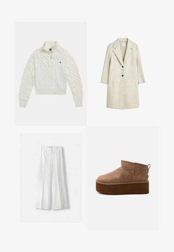 Manteau beige clair avec un revers en pointe, deux poches avant et deux boutons noirs. Confectionné en tissu texturé, présentant une silhouette mi-longue.; Pull blanc en maille torsadée à demi-fermeture éclair avec col, poignets et bas en côtes, présentant un petit logo cheval brodé foncé sur la poitrine.; Pantalons amples blancs avec une taille haute, un pli central et une fermeture à bouton classique. Fabriqués dans un tissu lisse avec un design ajusté.; Bottine marron en daim de hauteur moyenne, style slip-on, avec une semelle épaisse compensée et un onglet à l’arrière sur fond clair.