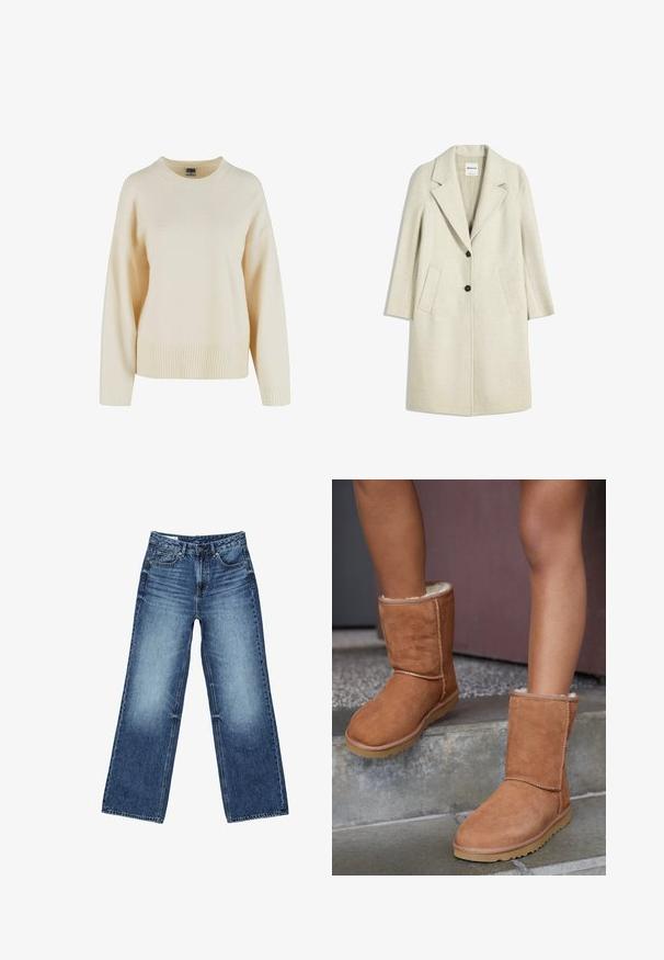 Manteau beige clair avec un revers en pointe, deux poches avant et deux boutons noirs. Confectionné en tissu texturé, présentant une silhouette mi-longue.; Pull en crème en tissu doux, avec un ourlet et des poignets côtelés, un col rond et une coupe décontractée avec des épaules tombantes.; Jean denim bleu à jambes larges avec poches avant et poche monnaie, fermeture à boutons, et lavage délavé sur les cuisses et les genoux.; Bottines en suede marron, à bout rond, avec une doublure douce et une semelle en caoutchouc, présentant des détails de couture visibles le long des coutures.