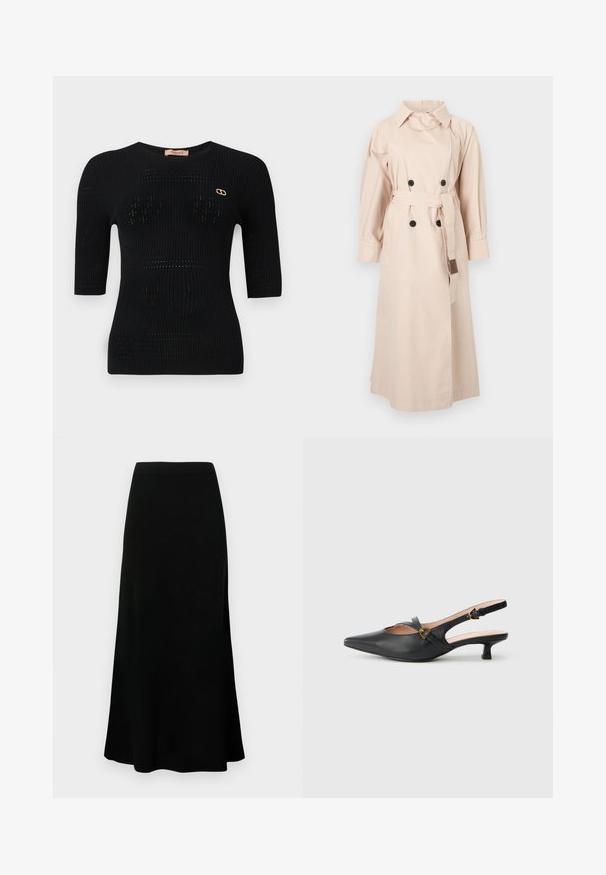 Abrigo trench largo beige con botones dobles negros, cinturón a juego, cuello ancho y mangas largas sobre un fondo liso.; Top de punto acanalado negro con mangas cortas, que presenta patrones sutiles y un acento de logotipo dorado cerca del escote.; Falda midi negra con cintura ajustada, dobladillo acampanado, textura suave y sin patrones ni acentos visibles.; Zapato de salón slingback de cuero negro con puntera puntiaguda, tacón pequeño, diseño recortado y detalle de hebilla dorada en la correa.