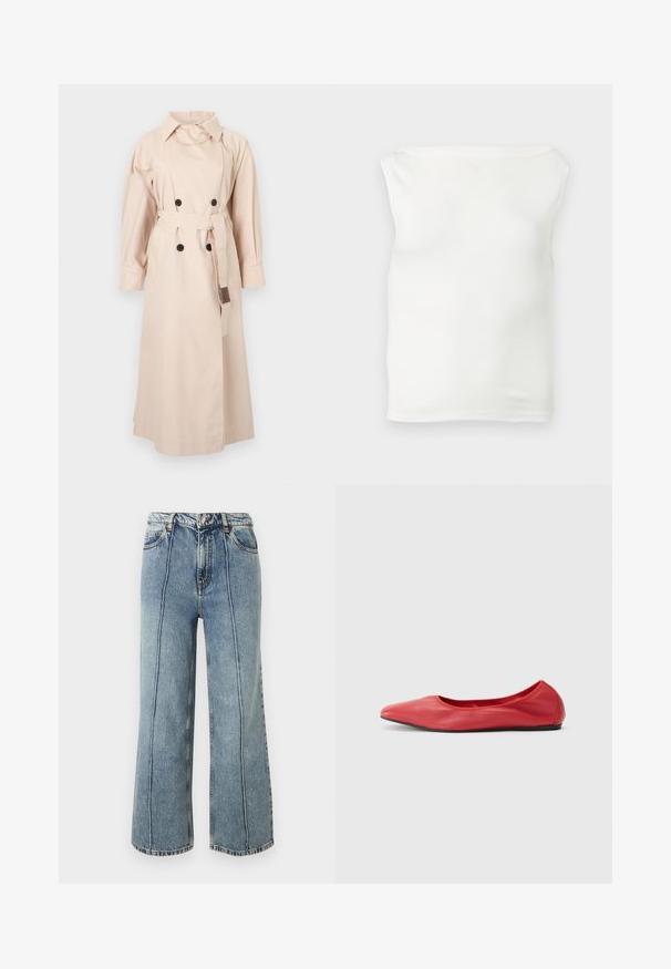 Long manteau trench beige avec boutons noirs croisés, ceinture assortie, col large et manches longues sur fond uni.; Top tube blanc ajusté sans bretelles avec un décolleté droit et un tissu lisse, présenté sur un fond clair.; Jean denim bleu taille haute avec jambes larges, bouton et zip à l'avant, poches latérales et coutures verticales visibles sur chaque jambe.; Filippa K REY FLATS - Ballerines - bright red