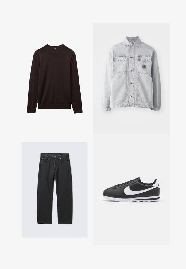 Chaqueta de mezclilla gris claro con cuello tipo punta, dos bolsillos frontales, botones a presión y un sutil parche con logo en el pecho.; Reiss REISS - Jersey de punto - dark bordeaux; Vaqueros negros de pierna recta con estilo de cinco bolsillos y cierre de botón en la cintura, colocados planos sobre un fondo claro.; Zapatilla de cuero negro con un swoosh y acentos en blanco. Presenta una punta redondeada, cierre con cordones y una suela de goma blanca texturizada.