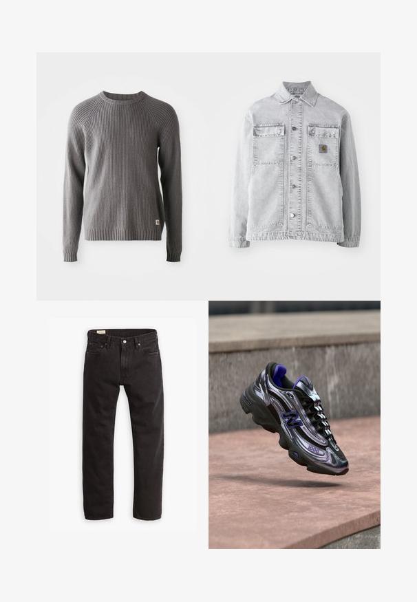 Hellgraue Jeansjacke mit Punktkragen, zwei Vordertaschen, Druckknöpfen und einem dezenten Logo-Patch auf der Brust.; Grauer, gerippter Strickpullover mit langen Ärmeln und Rundhalsausschnitt. Mit einer strukturierten Oberfläche und einem kleinen Logopatch am Saum.; Schwarze Denim-Jeans mit geradem Bein, ausgestattet mit einem klassischen Fünf-Taschen-Design, subtilen Nähten und einem Metallknopfverschluss.; Schwarzer und lila New Balance 1000 Sneaker in der Luft über einer Betonfläche mit unscharfem Steinmauer-Hintergrund.