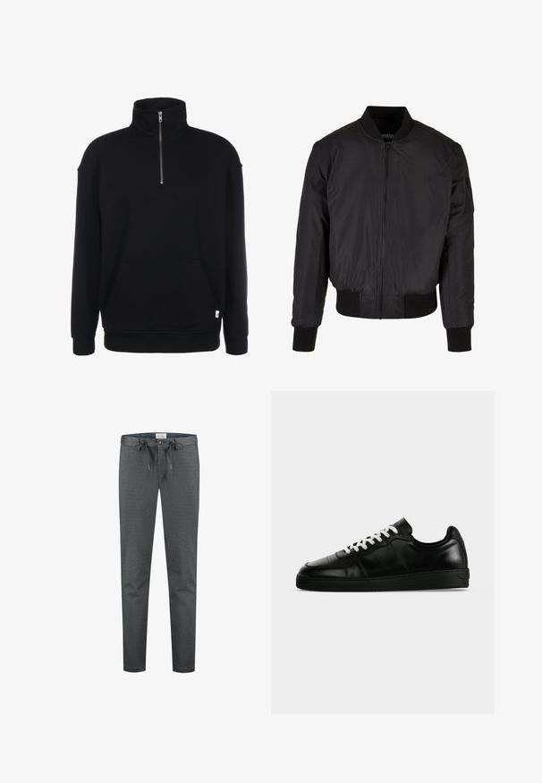 Veste bomber noire avec fermeture éclair, poignets et ourlet côtelés, et une poche latérale. Fabriquée en tissu lisse et léger.; Sweatshirt noir à col zippé avec manches longues, texture douce, poche avant et petit logo vert à l'ourlet.; Pantalons gris extensibles avec une texture lisse, taille à cordon de serrage et fermeture à bouton. Présente un design ajusté et des coutures minimales visibles.; Baskets basses en cuir noir avec lacets blancs, semelle plate noire et détails subtils de couture, visibles de profil sur un fond gris.