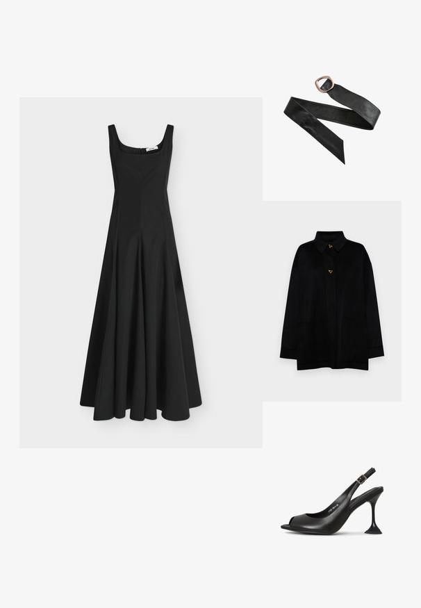 AERON CRANE JACKET - Mantel - black; Zwarte lange mouwloze jurk met vierkante halslijn en aansluitend lijfje dat overgaat in een wijde rok, getoond op een effen lichte achtergrond.; Zwarte leren slingback hak met open neus, puntige vorm, smalle hak die uitloopt en een vierkante basis heeft. Textuur oppervlak en gespsluiting.; Zwarte leren riem met een grote afgeronde rechthoekige koperen gesp en puntige uiteinden, plat uitgestald op een witte achtergrond.