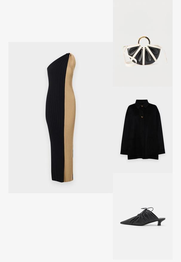 AERON CRANE JACKET - Mantel - black; Off-shoulder geribbelde jurk met een strak silhouet. Heeft een contrasterende zwart- en tan-kleurschema en verticale textuur door het geheel.; Zwarte leren instappers met een spitse neus, gegatherde textuur en een kleine kittenhiel. Heeft een trekkoorddetail aan de opening.; Zwart-witte halfronde handtas met plooien, een ronde handvat in schildpadmotief en goud, en een wit verstelbare schouderriem.