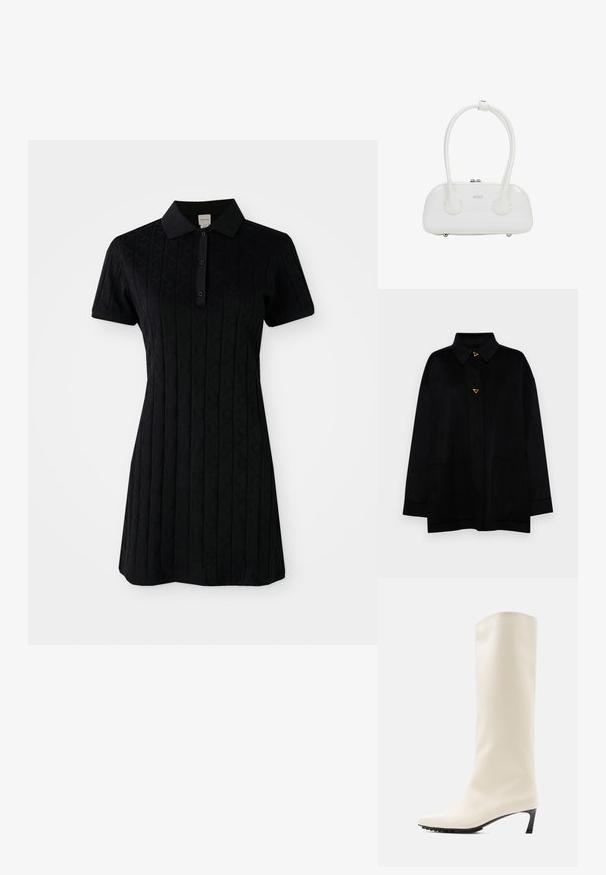 AERON CRANE JACKET - Mantel - black; Zwarte poloshirtjurk met korte mouwen, voorzien van een kraag en een gestructureerd patroon van diamanten en cirkels. Knoopsluiting bij de hals.; Witte laars tot aan de knie, gemaakt van glad materiaal met een spits toelopende neus en een slanke zwarte hak. Heeft een strak ontwerp en minimale branding.; Witte handtas van lakleer met dubbele afgeronde handvatten, zilverkleurige ritsluiting en subtiel "estro"-logo aan de voorkant.